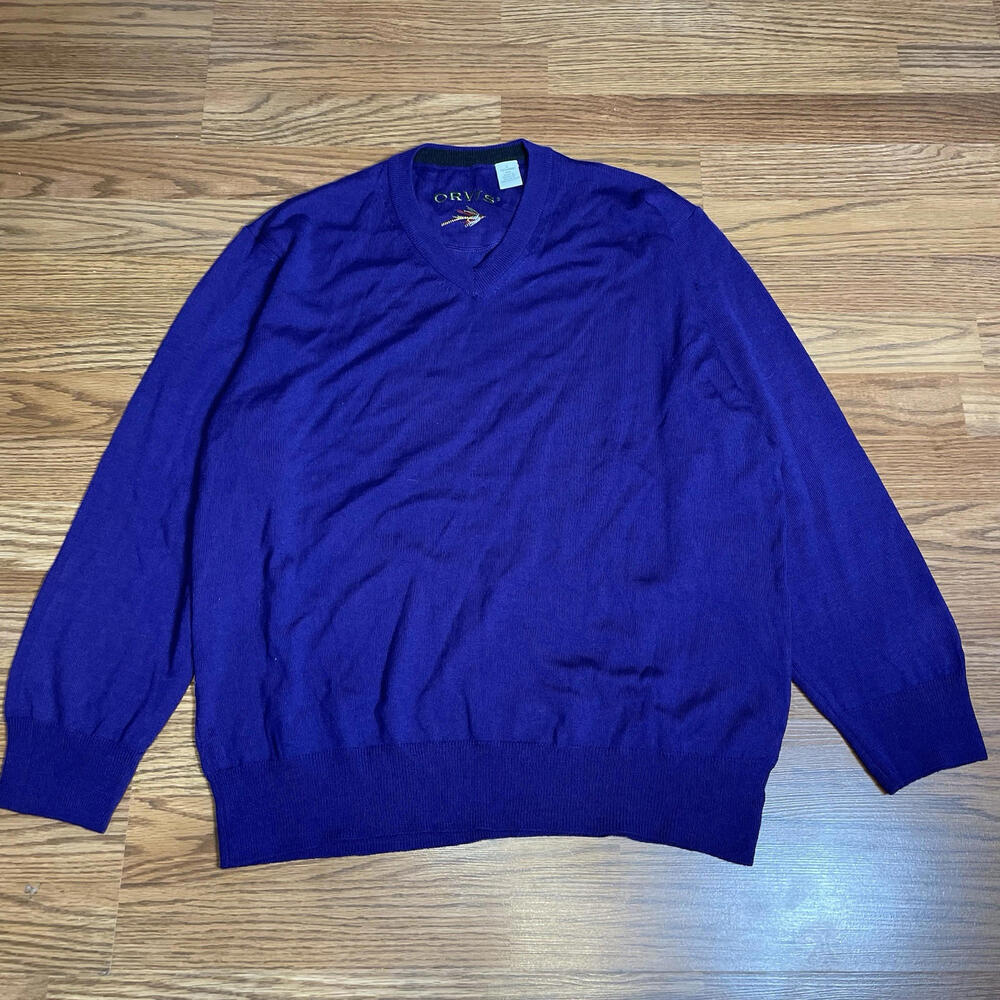 Orvis Mens Sweater V-Neck Merino Wool Purple Long Sleeve Pullover Size Large